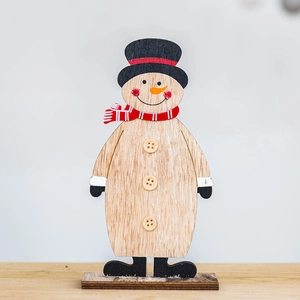 Minimalist wooden snowman Christmas ornament with a black hat and red striped scarf