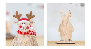 Detail of wooden Christmas reindeer ornament with festive red and white painted accents