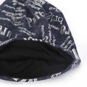 Fashionable dark grey beanie with white letter print and warm black lining