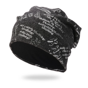 Unisex dark grey knit beanie featuring all-over white letter print in a street style