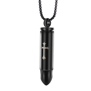 Black bullet pendant cremation urn necklace with silver cross on a stainless steel chain