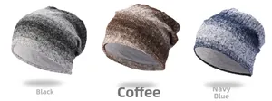 Detailed knit texture of gradient slouchy beanies in black, coffee, and navy blue