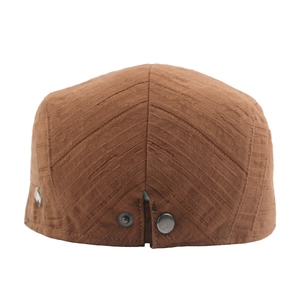 Classic dark brown flat cap with pleated stripe texture and adjustable metal buckle
