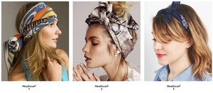 Detailed look at three colorful silk-like headbands with pop art and paisley patterns