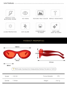 Detailed size chart for unisex red cat-eye sunglasses with PC frame measurements