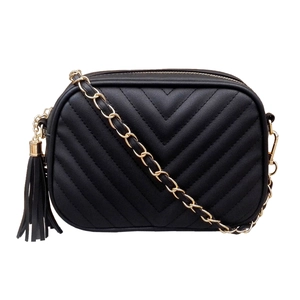 Women Chevron Quilted PU Leather Crossbody Camera Bag With Tassel Gold Chain Strap Fashionable Shoulder Purse