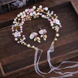 Handmade Bridal Headband And Earrings Ceramic Flower Imitation Artificial Pearl Crystal Floral Wedding Jewelry For Women Bride