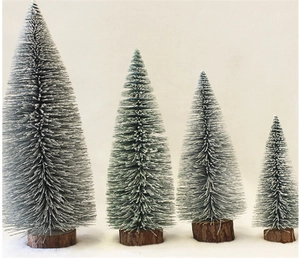 Set of 4 mini green sisal Christmas trees with snow flocking on natural wood bases