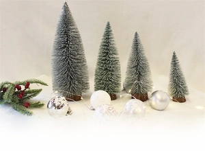 Miniature white frosted Christmas trees with wooden bases and warm LED fairy light decor