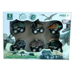 Front view of 6-pack dinosaur pull-back toy cars in realistic window box packaging