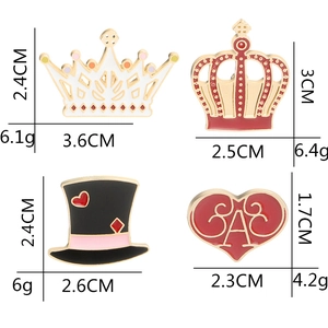 Cartoon enamel lapel pins set with crown, top hat and heart shapes, sizes and weights shown