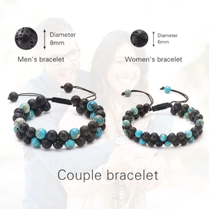 Handmade couple beaded bracelet set featuring black lava stone and blue turquoise beads
