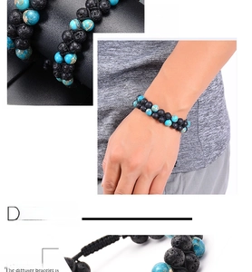 Detail of double-row woven lava stone and turquoise diffuser bracelet for aromatherapy