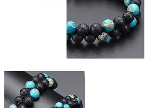 Macro detail of double-row lava stone and turquoise beaded wrap bracelet for couples
