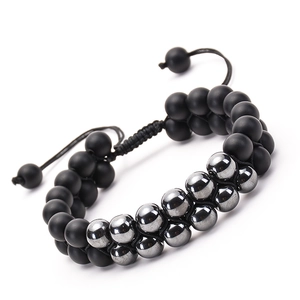 Double Row Natural Matte Stone And Hematite Beaded Bracelet Adjustable Hand Woven Trendy Jewelry For Men Women