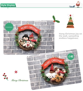 Detail of Christmas wreath with snowman and bear dolls on rustic vine base
