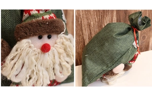 Close-up of Santa Claus 3D applique on a rustic burlap drawstring Christmas gift bag