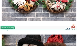Close-up of Christmas rattan wreath with plush Santa, Snowman and Reindeer ornaments