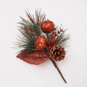 Christmas picks with red glitter apples, pine cones, and green needles on white background