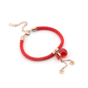 Red braided rope bracelet with rose gold money bag pendant and K14 steel clasp