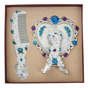 Vintage silver metal heart mirror and hair comb gift set with colorful floral details