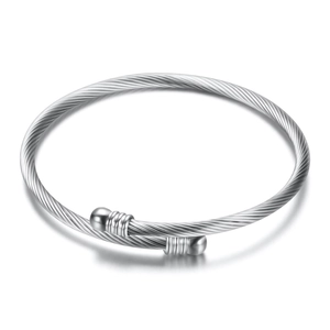 Elegant silver cable wire cuff bracelet with spherical ends and textured stainless steel design