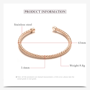 Detailed specs for 63mm rose gold stainless steel cable wire open bangle bracelet