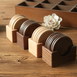 Japanese black walnut wooden coaster set with round mats and a square storage holder