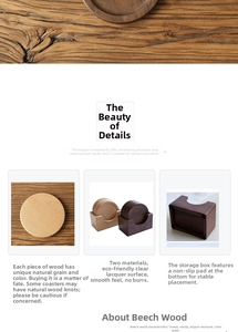Macro detail of natural wood coasters set showing walnut texture and non-slip storage box