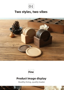 Detail of round wooden coasters in walnut and beech wood with matching storage box