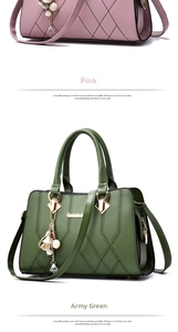Vertical split view of pink and army green leather tote bags with quilted patterns