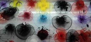 Variety of rhinestone mesh fascinators and peacock feather hair clips in multiple colors
