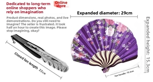 Detailed size specifications for the purple floral Japanese folding silk fan