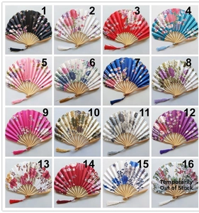 Detailed grid of sixteen Japanese folding fans featuring varied floral patterns and tassels