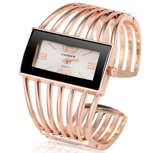 Elegant rose gold hollow bangle watch for women with rectangular dial and metal bracelet