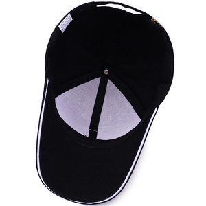 Black cotton baseball cap with white trim and adjustable metal buckle for outdoor wear