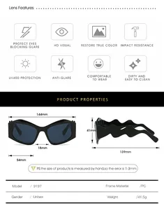 Detailed size chart for irregular sunglasses showing dimensions and PC frame specifications