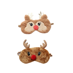 Detail of plush reindeer sleep masks in light and dark brown with 3D antlers and ears