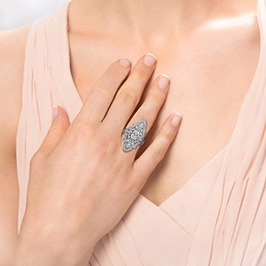 Luxury ethnic silver ring with marquise zircon and intricate floral crystal pave design