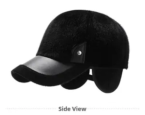 Detail view of winter baseball hat for men featuring ear protection and side metal buckle