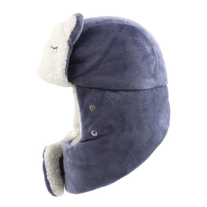 Navy blue winter trapper hat for kids with soft faux fur lining and ear flaps