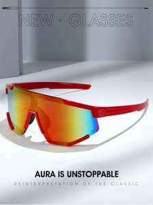 Detail of red sports sunglasses with colorful reflective lens on a geometric platform