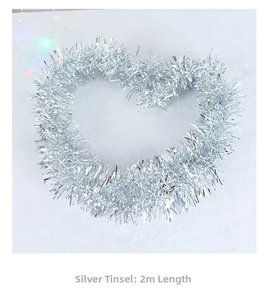 Detail view of 2-meter long silver tinsel decoration for Christmas parties and trees
