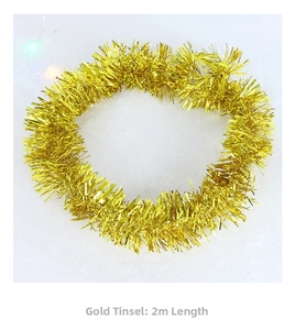 Close-up of 2-meter gold tinsel garland with shiny metallic foil for Christmas tree decor