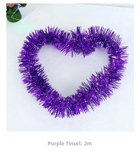 Close-up of a 2-meter purple tinsel garland arranged in a heart shape for Christmas decor