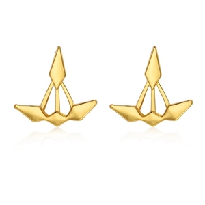 Detail of gold geometric earring set featuring a rhombus top and fan-shaped base design