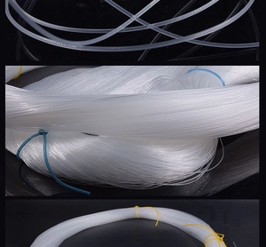 Macro detail of high-strength white translucent nylon monofilament fishing line texture