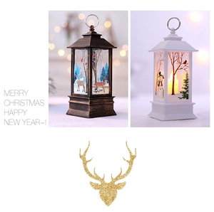 Close-up of LED Christmas lanterns featuring reindeer and snowman holiday illustrations