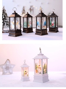 Detail view of bronze and white Christmas LED lanterns with festive holiday motifs