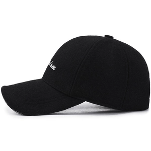 Men's winter black baseball cap with ear protection and white side letter embroidery